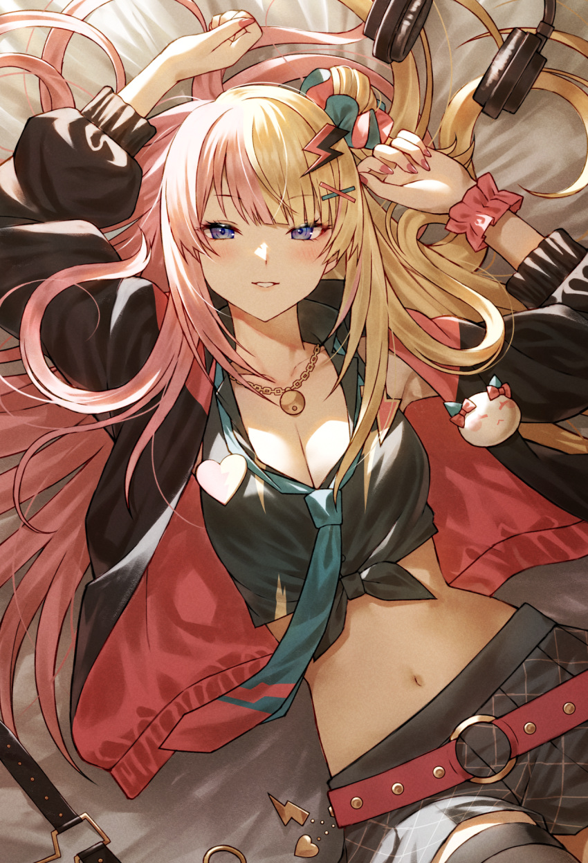 1girl armpits black_shirt black_shorts blonde_hair blue_eyes blush breasts chain_necklace cleavage commentary_request cowboy_shot crop_top fagi_(kakikaki) hair_ornament hair_spread_out headphones headphones_removed highres jacket jewelry kotoka_torahime lightning_bolt_hair_ornament lightning_bolt_symbol long_hair looking_at_viewer loose_necktie lying making-of_available midriff multicolored_hair nail_polish navel necklace necktie nijisanji nijisanji_en on_back open_clothes open_jacket parted_lips pink_hair pink_nails pink_scrunchie scrunchie shirt shorts solo split-color_hair two-sided_fabric two-sided_jacket two-tone_hair virtual_youtuber wrist_scrunchie x_hair_ornament