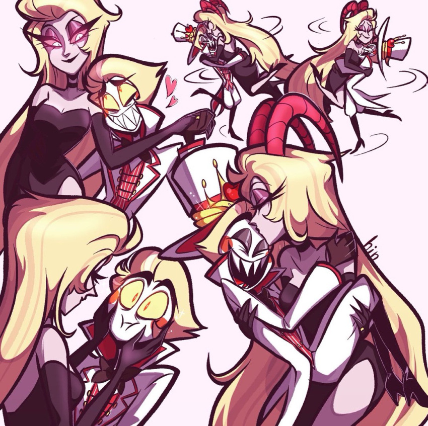 1boy 1girl blonde_hair couple demon demon_horns dress hair_slicked_back hazbin_hotel hinsou_(midorinoakuma) horns hug husband_and_wife lilith_(hazbin_hotel) long_hair lucifer_morningstar_(hazbin_hotel) suit very_long_hair