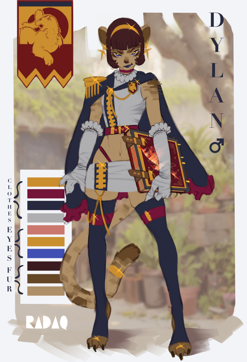 absurd_res armor blue_eyes clothing collar dress felid feline fire fur gold_(metal) hi_res lynx mammal model_sheet portrait radaq