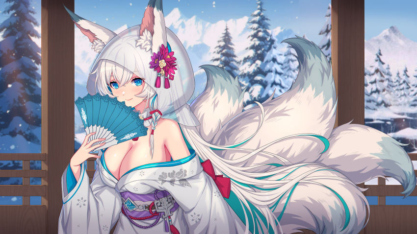 1girl animal_ear_fluff animal_ears breasts bride cleavage clover_theater colored_inner_hair folding_fan forest fox_ears fox_girl fox_tail green_hair hand_fan highres holding holding_fan japanese_clothes katsuya_(clover_theater) kimono kitsune kyuubi large_breasts long_hair looking_at_viewer mole mole_on_neck mountain multicolored_hair multiple_tails nairobi_song nature shiromuku smile snow solo tail tree uchikake white_hair white_kimono white_tail