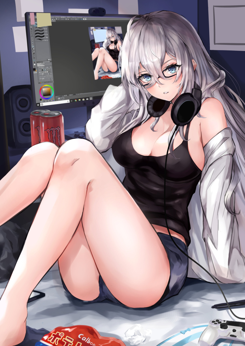 1girl absurdres ahoge bare_legs barefoot black-framed_eyewear black_shirt blue_eyes blush breasts can cardigan cellphone chips_(food) cleavage clip_studio_paint_(medium) controller crossed_bangs door drink_can earphones_removed energy_drink food game_controller grey_cardigan grey_hair hair_between_eyes hand_on_own_head highres icon_(computing) indoors knees_up large_breasts long_hair looking_at_viewer monitor monster_energy on_bed open_cardigan open_clothes open_mouth original panties phone potato_chips recursion shirt short_shorts shorts sidelocks single_off_shoulder sitting soda_can spaghetti_strap speaker sticky_note underwear unworn_panties yutoriko_(candy0905)