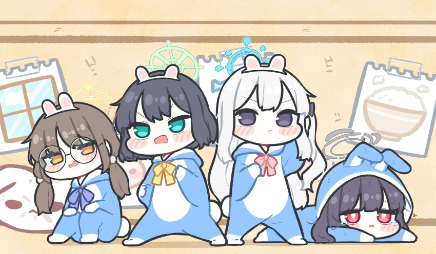 4girls animal_costume animal_ear_headwear animal_ears blue_archive blush chibi chibi_only fake_animal_ears full_body glasses highres hood hood_up indoors looking_at_viewer lying miyako_(blue_archive) miyu_(blue_archive) moe_(blue_archive) multiple_girls neck_ribbon on_stomach piki_(itpiki) rabbit_costume rabbit_ears rabbit_tail ribbon round_eyewear saki_(blue_archive) standing tail v-shaped_eyebrows