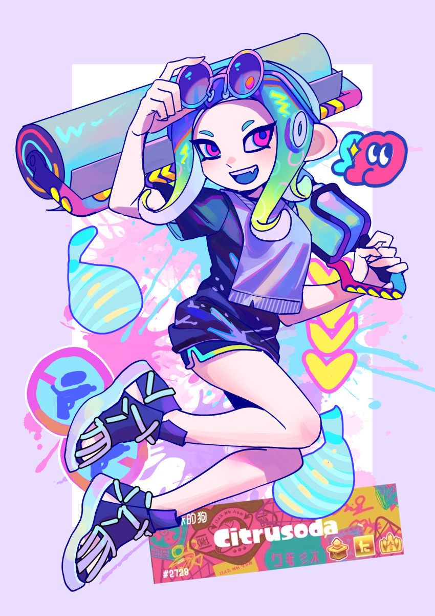 1girl :d absurdres adjusting_eyewear artist_name black_shorts border breast_curtain burst_bomb_(splatoon) carbon_roller_(splatoon) citrusplatsoda commentary_request dolphin_shorts eyelashes eyewear_on_head full_body gradient_hair green_hair hand_on_eyewear highres holding holding_weapon medium_hair multicolored_hair octoling octoling_girl octoling_player_character open_mouth outside_border purple_border red_eyes sandals short_shorts shorts smile solo splashtag_(splatoon) splatoon_(series) splatoon_3 sunglasses teeth tentacle_hair upper_teeth_only weapon white_background