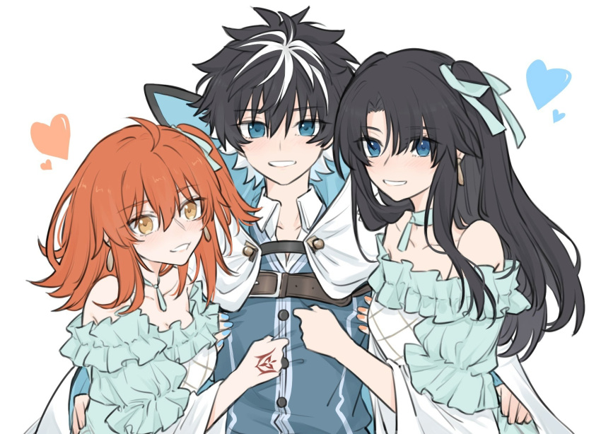 1girl 2boys black_hair blue_dress blue_eyes blue_shirt cape charlemagne_(fate) command_spell crossdressing dress fate/grand_order fate_(series) frills fujimaru_ritsuka_(female) fujimaru_ritsuka_(male) grin hair_ribbon hands_on_another's_hips heart highres looking_at_viewer medium_hair multicolored_hair multiple_boys one_side_up orange_hair ribbon shirt short_hair simple_background smile streaked_hair two-sided_cape two-sided_fabric two-tone_hair upper_body white_background yellow_eyes yukihara_sbgd