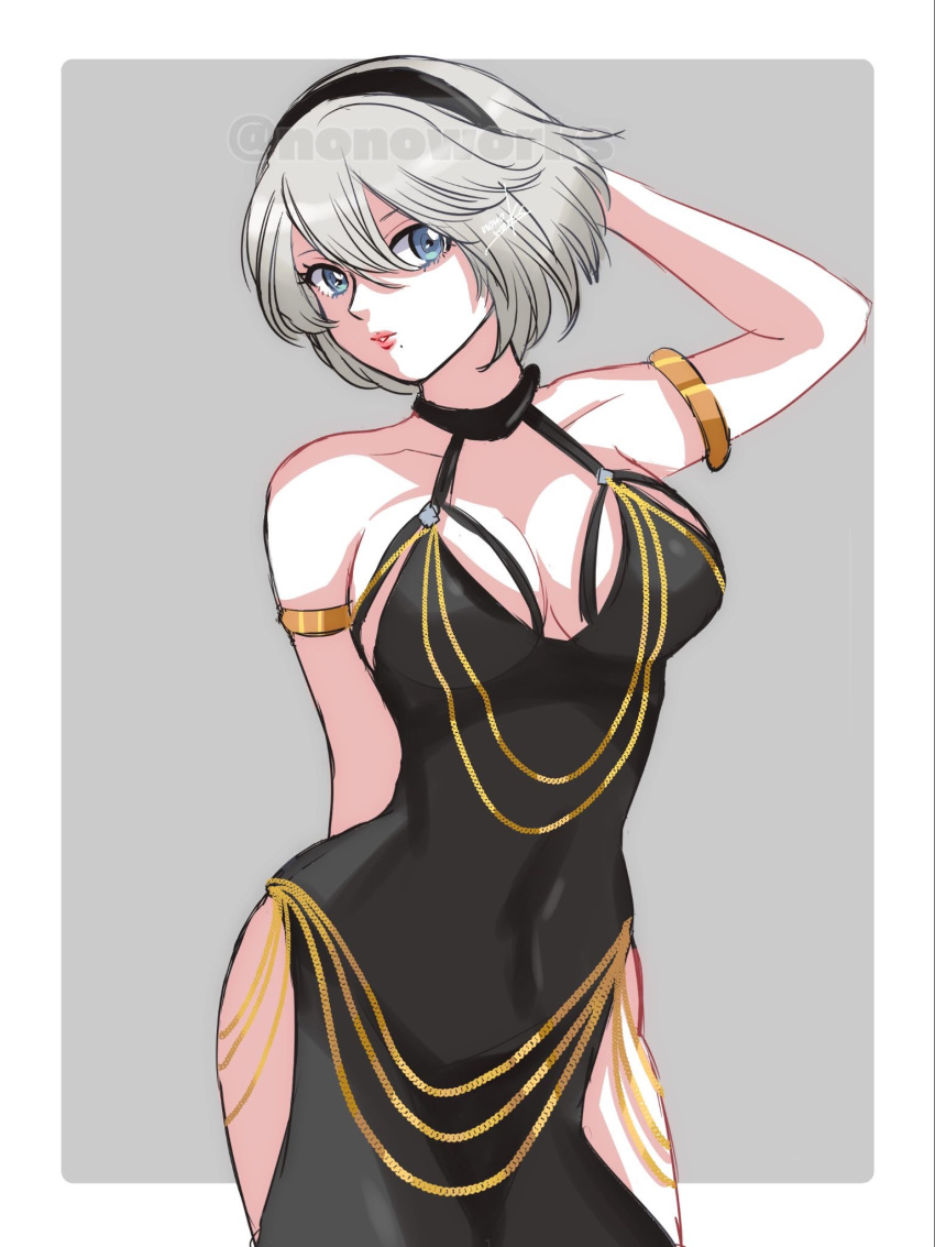 1girl 2b_(nier:automata) alternate_costume arm_behind_back arm_behind_head armlet artist_name black_dress breasts chain cleavage dress gold_chain grey_hair highres hip_vent large_breasts lips looking_at_viewer modakawa_dress nier:automata nier_(series) nonoworks solo watermark