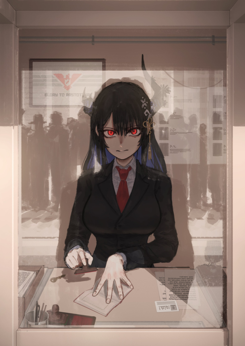 1girl absurdres asymmetrical_horns black_hair breasts closed_mouth collared_shirt english_commentary glass hair_ornament halfbakelim highres hololive hololive_english horns ink_stamp key large_breasts long_hair long_sleeves looking_at_viewer necktie nerissa_ravencroft paper papers_please passport pov red_eyes red_necktie reflection shirt solo suit upper_body white_shirt