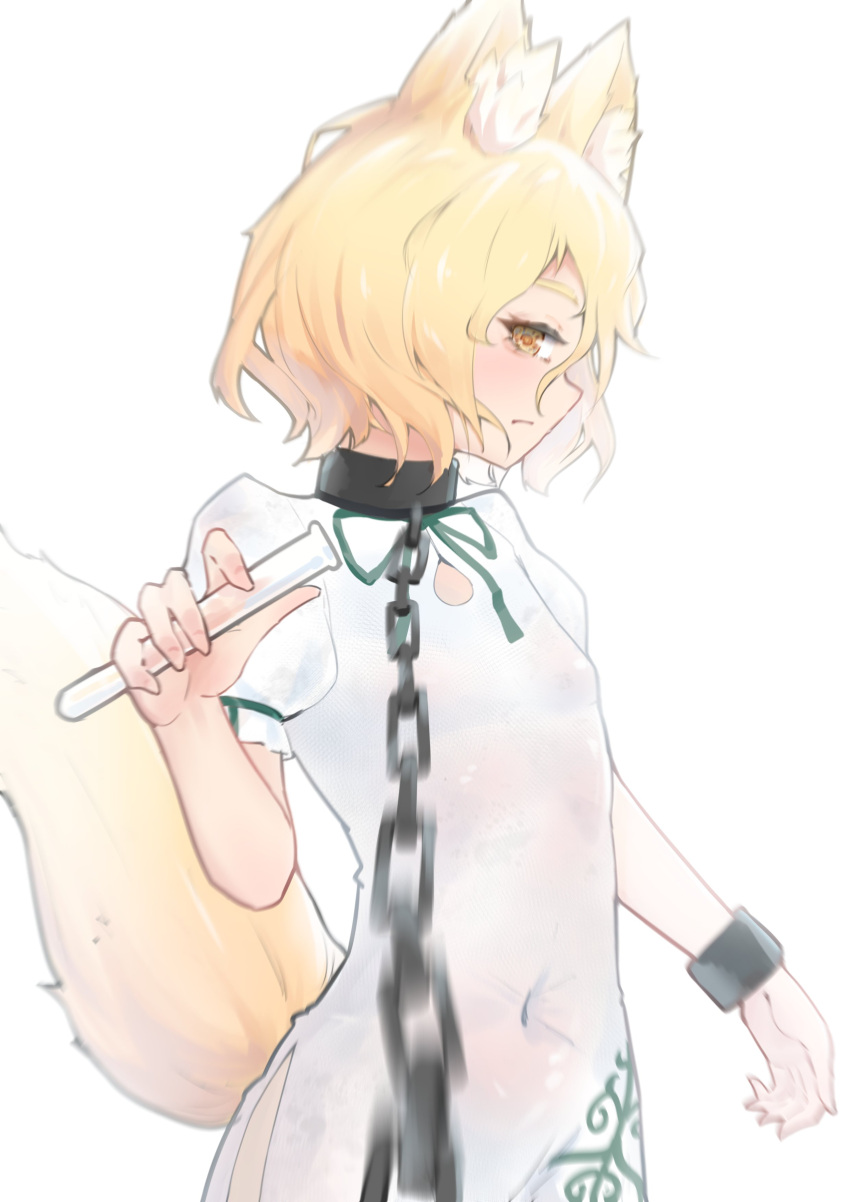 1girl absurdres animal_ears blonde_hair breasts chain chain_leash chained closed_mouth collar commentary_request corked_bottle covered_navel cuffs fox_ears fox_girl fox_tail green_ribbon highres holding holding_test_tube kudamaki_tsukasa leash littiecy mandarin_collar metal_collar puffy_short_sleeves puffy_sleeves ribbon romper shackles short_sleeves simple_background small_breasts solo tail test_tube touhou viewer_holding_leash white_background white_romper yellow_eyes yellow_tail