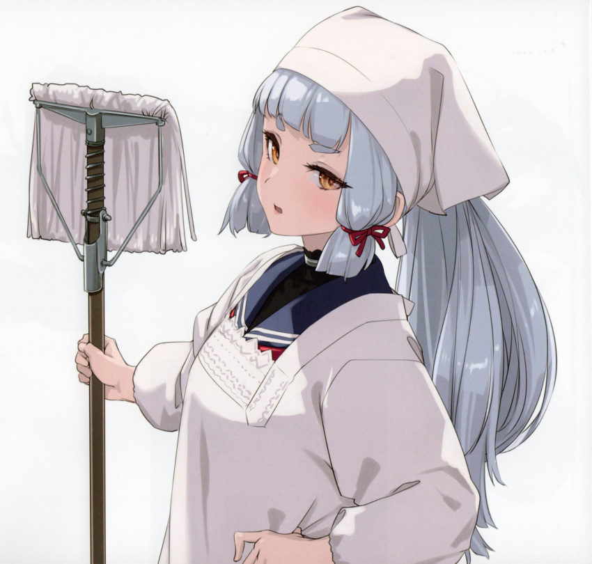 1girl absurdres alternate_costume apron blue_hair blue_sailor_collar blush broom cleaning comiket_102 dress grey_hair hair_ribbon head_scarf highres holding kappougi light_blue_hair long_hair long_sleeves looking_at_viewer mop murakumo_(kancolle) non-web_source open_mouth orange_eyes ponytail red_ribbon ribbon rokuwata_tomoe sailor_collar sailor_dress scan school_uniform serafuku short_eyebrows sidelocks simple_background solo tress_ribbon upper_body white_background