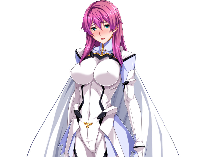 1girl aqua_eyes armlet blush bodysuit breasts cleavage cloak covered_navel covered_nipples elbow_gloves gentle_sasaki gloves highres large_breasts long_hair non-web_source open_mouth pink_hair shindou_hatsune soukou_senki_prism_raker straight_hair white_bodysuit white_cloak