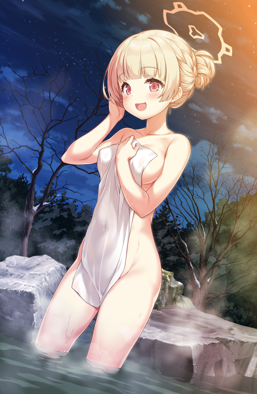 1girl :d blonde_hair blue_archive blush breasts cloud collarbone commentary_request completely_nude covered_navel covering_privates dutch_angle hair_bun halo hand_on_own_chest highres holding holding_towel long_hair looking_at_viewer medium_breasts night night_sky nodoka_(blue_archive) nude nude_cover onsen open_mouth outdoors partially_submerged red_eyes revision short_hair single_hair_bun sky smile solo star_(sky) steam towel wading water wet white_towel yamasan