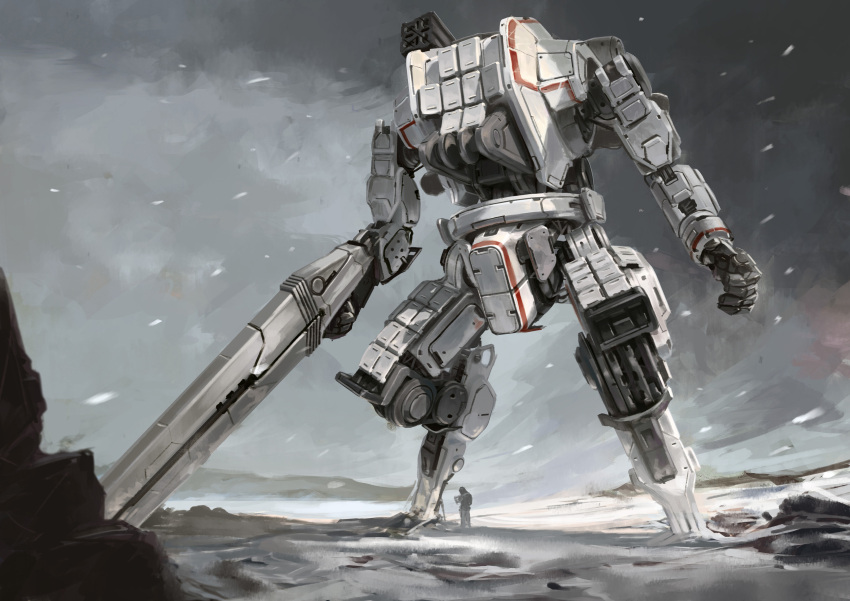 1other absurdres gun highres holding holding_gun holding_weapon mecha mecha_focus missile_pod open_hand original robot science_fiction snow snowing solo_focus standing su_wang weapon