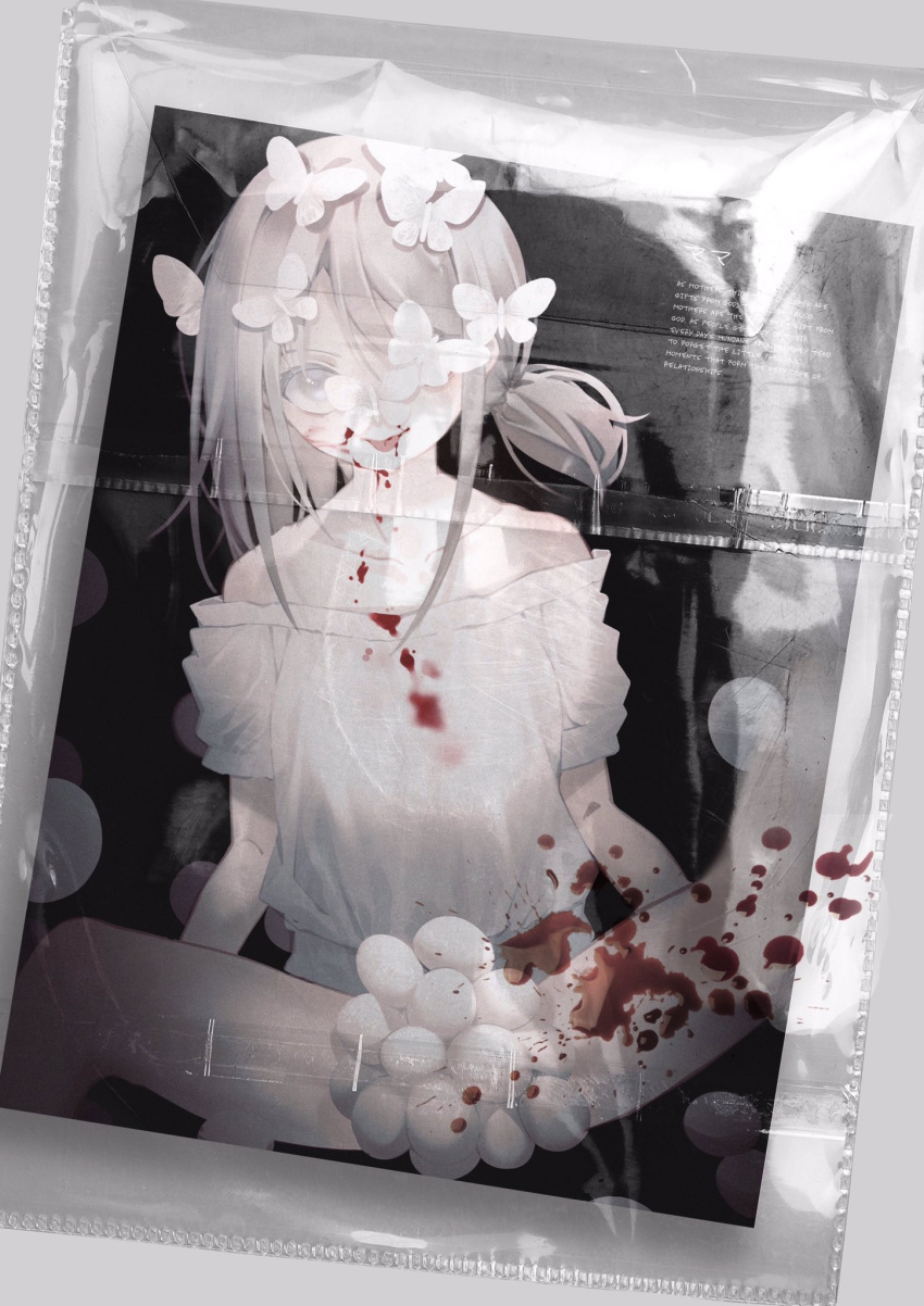 1girl :p bare_shoulders blood blood_on_clothes blood_on_face blood_stain blush collarbone dress egg grey_hair highres long_hair looking_at_viewer off-shoulder_dress off_shoulder one_side_up original photo_(object) plastic_wrap ryuuforkaf smile solo tongue tongue_out white_dress