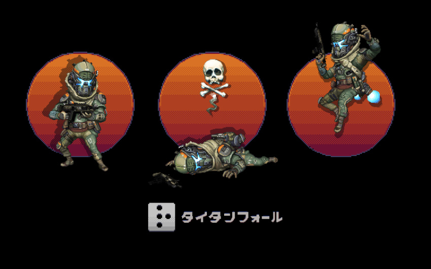 1boy absurdres assault_visor blue_jacket brown_gloves copyright_name death gloves green_pants gun helmet highres holding holding_gun holding_weapon jacket jumping looking_ahead multiple_views official_art pants pixel_art r-101c_carbine rifle shadow shir0kuma skull titanfall titanfall_(series) weapon