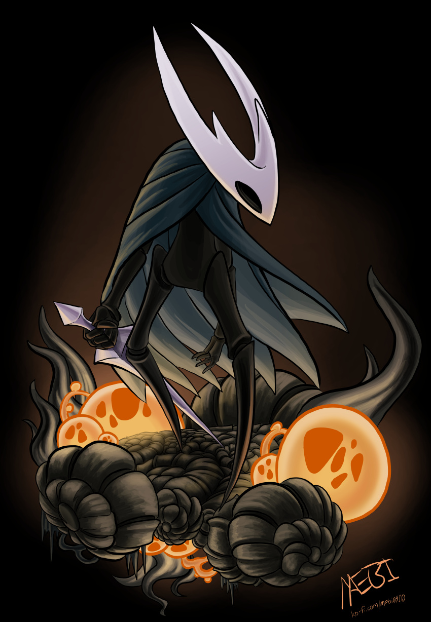 2023 4_fingers 4_horns absurd_res anthro arthropod black_background black_body cape chrysalis clothing colored featureless_feet feet fingers green_cape green_clothing hi_res holding_object holding_sword holding_weapon hollow_knight hollow_knight_(character) horn insect light lighting looking_away male mask mebi melee_weapon multi_horn obscured_eyes orange_light shaded signature simple_background solo sword team_cherry vessel_(species) weapon