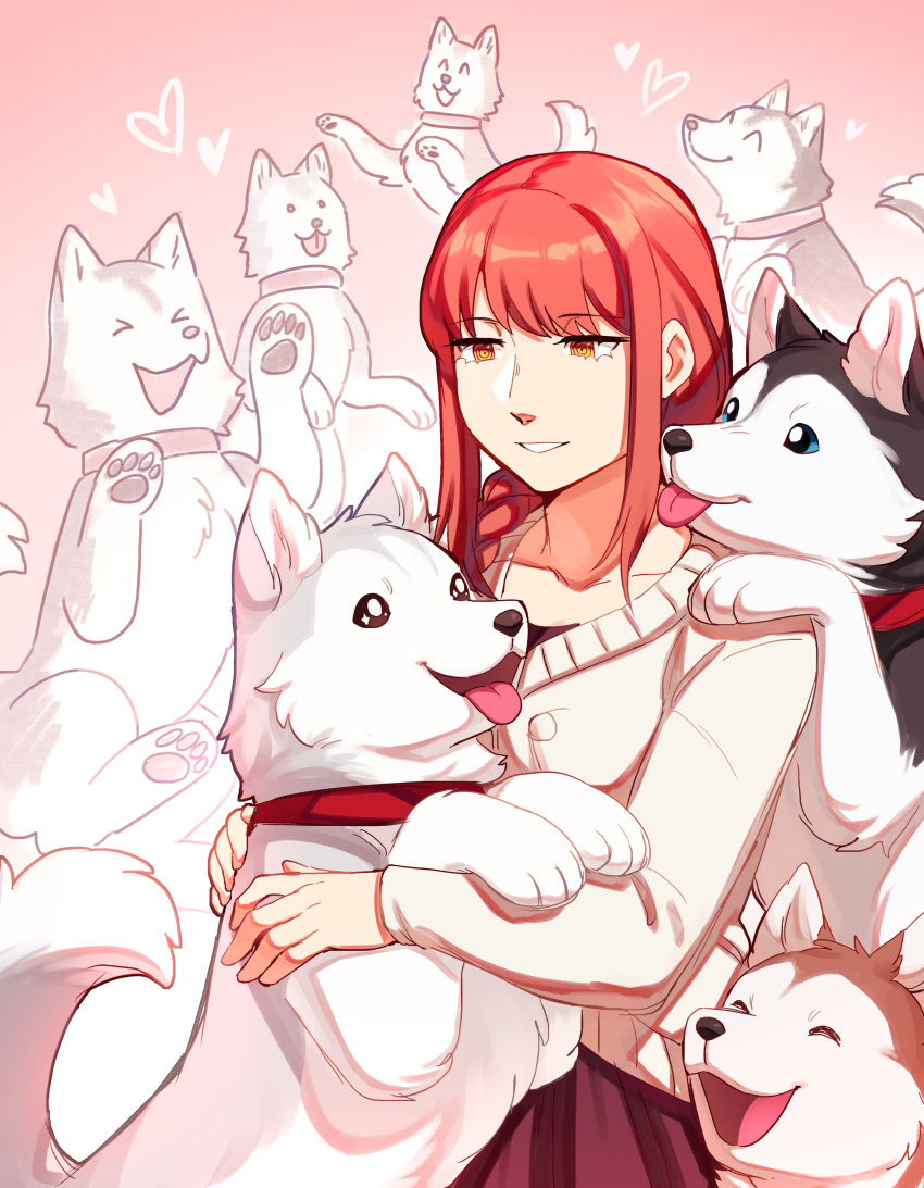 &gt;_&lt; 1girl :d ^_^ absurdres chainsaw_man closed_eyes collar collarbone commentary dog dog_request frogbians gradient_background highres long_hair makima_(chainsaw_man) multiple_dogs open_mouth pawpads red_background red_collar red_hair ringed_eyes simple_background smile snout solo teeth tongue tongue_out too_many too_many_dogs xd yellow_eyes