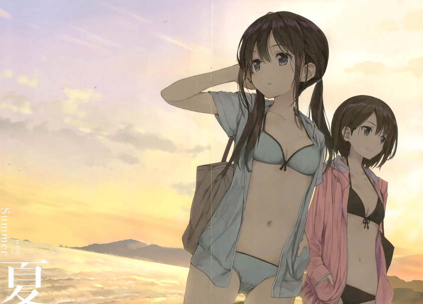 2girls absurdres amagai_tarou arm_up bag bikini bikini_under_clothes bird black_bikini black_hair breasts brown_hair cleavage cloud cloudy_sky collarbone cowboy_shot crease dusk dutch_angle grey_bikini grey_eyes grey_jacket hand_in_pocket highres hood hood_down hooded_jacket horizon jacket long_hair long_sleeves mountainous_horizon multiple_girls navel non-web_source open_clothes open_jacket original outdoors pink_jacket scan seagull shore short_hair short_sleeves shoulder_bag sky small_breasts smile swimsuit twilight twitter_username water