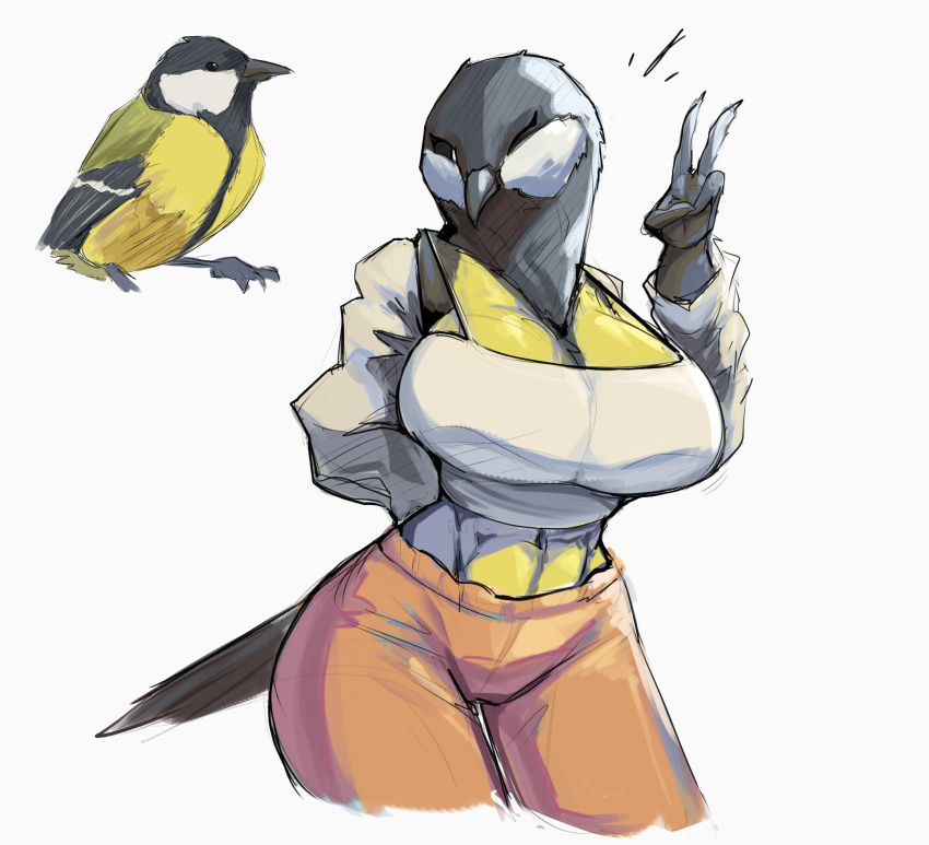 2024 anthro avian big_breasts biped bird black_sclera bottomwear breasts clothing dreamerknight duo female feral gesture great_tit hand_behind_back hand_gesture hi_res huge_breasts multiple_forms navel one_eye_closed orange_bottomwear orange_clothing orange_pants oscine pants passerine simple_background tit_(bird) v_sign white_background wink