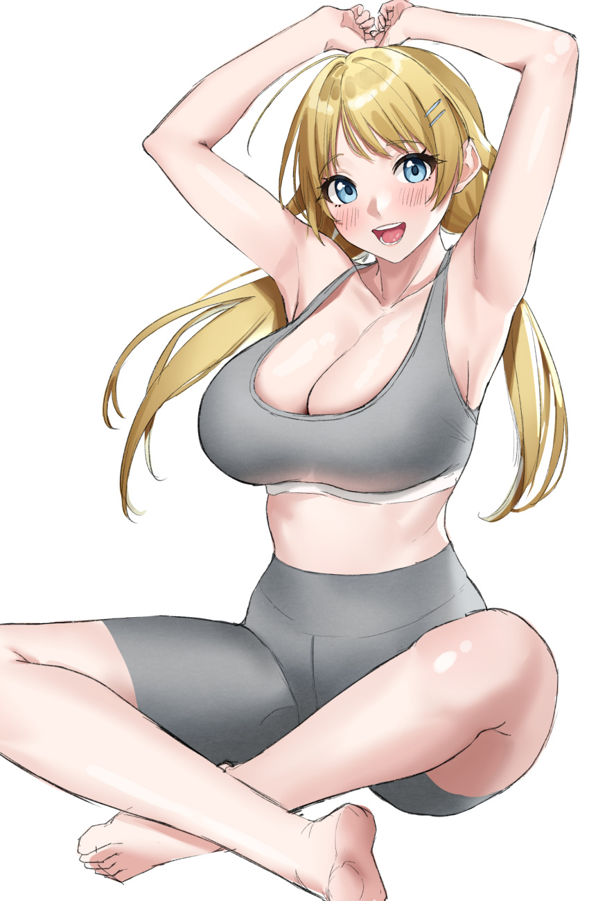 1girl absurdres armpits arms_up bare_legs barefoot bike_shorts blonde_hair blue_eyes blush breasts cleavage collarbone grey_shorts grey_sports_bra hachimiya_meguru highres idolmaster idolmaster_shiny_colors indian_style large_breasts shinonome_shake shorts simple_background sitting smile soles solo sports_bra toes twintails white_background