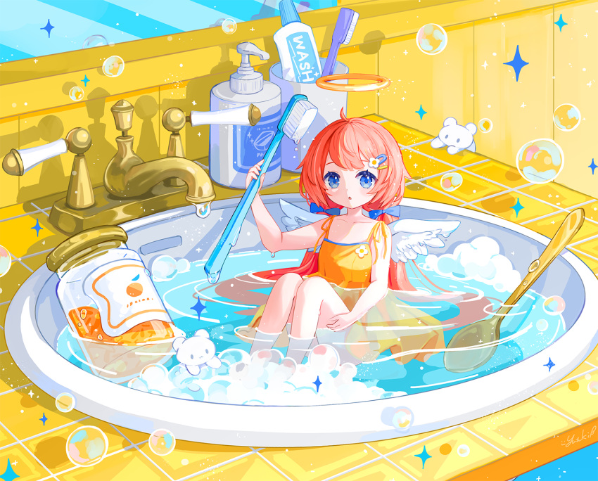 1girl :o ahoge angel angel_wings bath bear blue_bow blue_eyes bottle bow bubble bubble_bath chibi child collarbone dress flower hair_between_eyes hair_bow hair_flower hair_ornament hairclip halo hand_on_own_thigh high-waist_skirt highres holding holding_toothbrush jam jar long_hair looking_at_viewer low_twintails mini_person minigirl orange_hair original pleated_skirt sidelocks sink sitting sitting_on_water skirt sparks spoon toothbrush toothpaste twintails very_long_hair water_drop wings yellow_dress yellow_halo yutukicom
