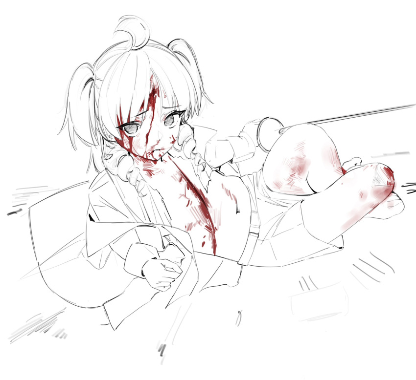 1girl ahoge bleeding blood blood_on_body blood_on_face blood_on_leg cuts flat_chest full_body highres injury looking_at_viewer lying medium_hair monochrome open_clothes open_shirt original ringlets ryuuforkaf shorts sketch solo spot_color two_side_up