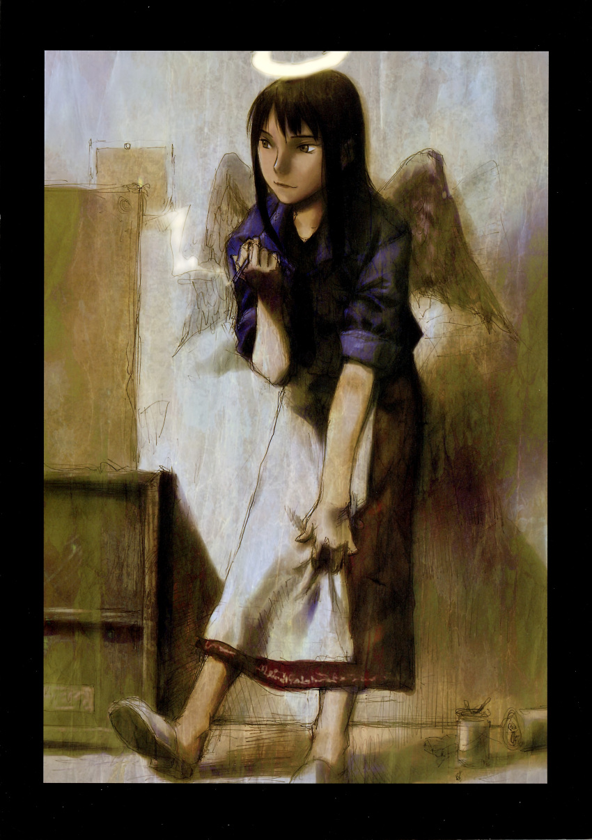 1girl abe_yoshitoshi absurdres angel angel_wings black_border black_hair black_shirt blue_jacket border brown_eyes can cigarette closed_mouth clothes_grab feathered_wings haibane_renmei halo highres jacket long_skirt non-web_source red_skirt reki_(haibane) scan shirt shoe_soles shoes skirt sleeves_rolled_up smoking solo white_skirt wings