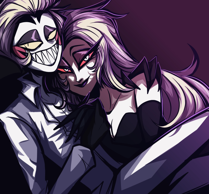 1boy 1girl blonde_hair couple demon demon_horns dress hair_slicked_back hazbin_hotel hinsou_(midorinoakuma) horns hug husband_and_wife lilith_(hazbin_hotel) long_hair lucifer_morningstar_(hazbin_hotel) suit very_long_hair