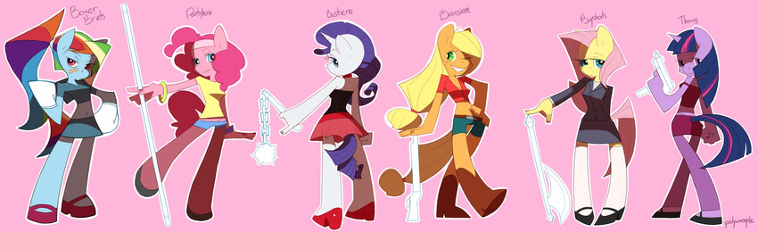 applejack_(mlp) axe band-aid bandanna blonde_hair blue_eyes boots boxing_gloves bracelet clothed clothing equine female flail fluttershy_(mlp) freckles friendship_is_magic green_eyes gun hair horn horse jewelry legwear looking_back mammal multi-colored_hair my_little_pony navel panty_and_stocking_with_garterbelt pink_hair pinkie_pie_(mlp) polearm polywomple pony purple_hair rainbow_dash_(mlp) rainbow_hair ranged_weapon rarity_(mlp) shirt shoes shorts skirt smile stockings style_parody suggestive thong twilight_sparkle_(mlp) two_tone_hair underwear unicorn uzi weapon