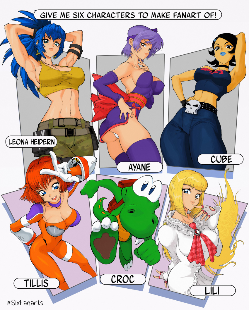 1boy 5girls absurdres armpits ass ayane_(doa) backpack bag bare_shoulders blonde_hair blue_eyes bodysuit breasts burning_rangers cleavage commentary croc:_legend_of_the_gobbos croc_(character) crop_top crossover cube_(jsr) dead_or_alive english_commentary fingerless_gloves gloves highres jet_set_radio large_breasts leona_heidern lili_(tekken) long_hair multiple_drawing_challenge multiple_girls pants purple_hair short_hair six_fanarts_challenge sleeveless system_st91 tekken the_king_of_fighters tillis