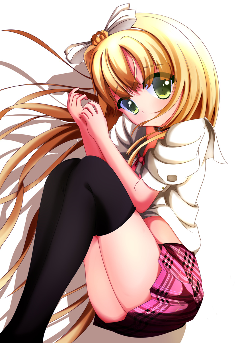 azuki_azusa black_legwear blonde_hair choker green_eyes hentai_ouji_to_warawanai_neko. highres juumaru long_hair plaid plaid_skirt pleated_skirt skirt solo thighhighs zettai_ryouiki