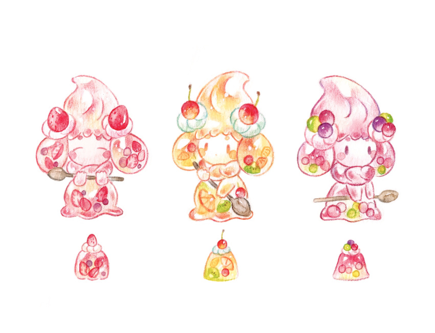 absurdres alcremie colored_pencil_(medium) commentary_request food fruit gelatin grapes happy highres holding holding_spoon kiwi_(fruit) kiwi_slice no_humans no_mouth no_nose painting_(medium) pokemon pokemon_(creature) solid_oval_eyes spoon strawberry traditional_media watercolor_(medium) yukichi_0611
