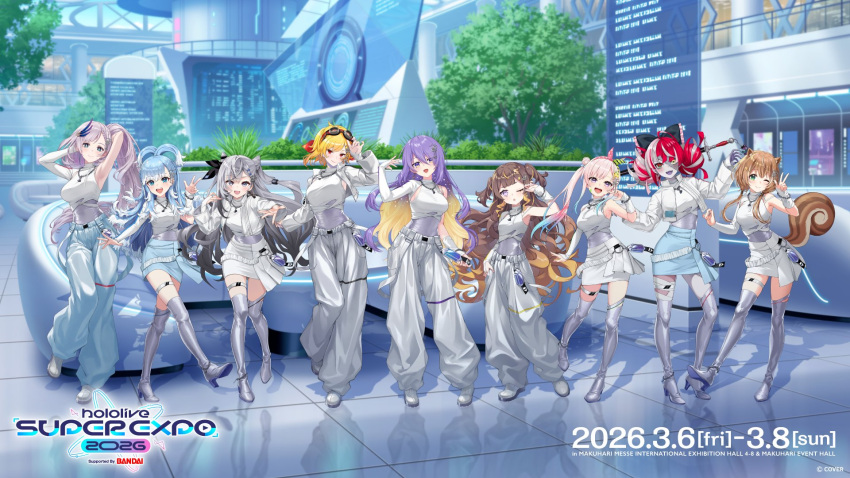 6+girls airani_iofifteen anya_melfissa artist_request ayunda_risu blue_sky cropped_jacket full_body highres hololive hololive_indonesia jacket kaela_kovalskia kobo_kanaeru kureiji_ollie miniskirt moona_hoshinova multiple_girls official_alternate_costume official_art pants pavolia_reine second-party_source shirt single_sleeve skirt sky vestia_zeta white_jacket white_pants white_shirt white_skirt