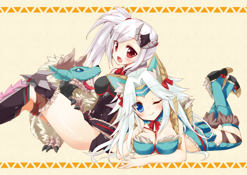 2girls blue_eyes blush cleavage fang long_hair mao_(alepricos) monster_hunter red_eyes white_hair wink zinogre_(armor)