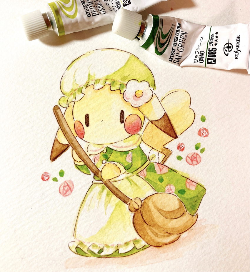 apron art_tools_in_frame clothed_pokemon commentary_request dress enmaided green_dress green_hat hat highres looking_at_viewer maid no_humans no_mouth painting_(medium) photo_(medium) pikachu pokemon pokemon_(creature) solid_oval_eyes solo sweeping traditional_media watercolor_(medium) white_apron yukichi_0611