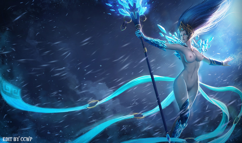 blizzard blue_hair breasts ice_armor janna_windforce league_of_legends long_hair nipples nude nude_filter photoshop pussy staff tiara uncensored