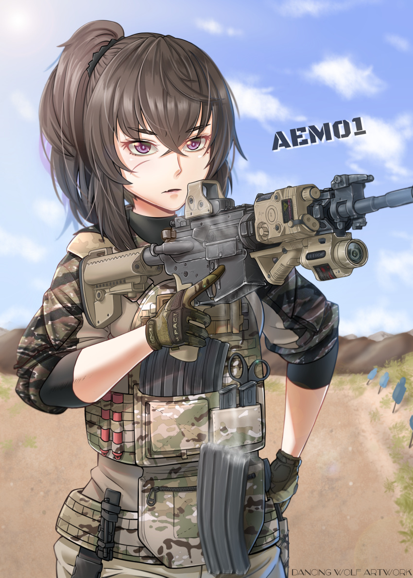 1girl absurdres assault_rifle brown_hair camouflage commentary dancing_wolf english_commentary eyebrows_visible_through_hair facial_scar flashlight gloves gun highres holding holding_gun holding_weapon laser_sight load_bearing_vest m4_carbine magazine_(weapon) motion_blur original outdoors ponytail purple_eyes rifle scar scar_on_cheek shooting_range solo trigger_discipline watermark weapon