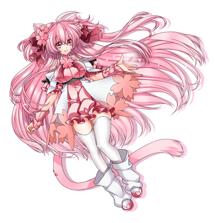 animal_ears boots bow breasts cat_ears cat_tail comomo_(tk) flower full_body hair_bow hair_flower hair_ornament highres large_breasts long_hair looking_at_viewer original pink_eyes pink_hair simple_background smile solo tail takatsuki_ichi thighhighs thighs very_long_hair white_background white_legwear zettai_ryouiki