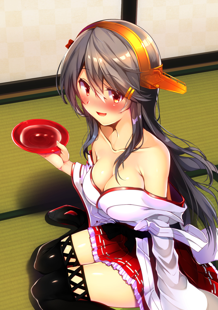 1girl :d alcohol bangs bare_shoulders black_hair blush boots breasts brown_eyes collarbone cup detached_sleeves drunk eyebrows_visible_through_hair female hair_between_eyes hair_ornament hairband hairclip hand_up haruna_(kantai_collection) headgear highres holding holding_cup indoors japanese_clothes kantai_collection kimono large_breasts long_hair looking_at_viewer neck nontraditional_miko off_shoulder open_mouth petticoat red_skirt sakazuki sake shadow sitting skirt smile solo tatami thigh_boots thighhighs tsukui_kachou wariza white_kimono