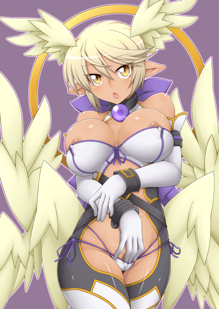 :o areola_slip areolae blonde_hair bracelet breasts covered_nipples curvy dark_skin elbow_gloves gloves head_wings highres jewelry large_breasts lilith_(shinrabanshou) open_mouth panties pointy_ears pubic_hair shinrabanshou short_hair side-tie_panties skindentation slit_pupils solo underwear white_gloves wings yellow_eyes zin_(goraku_hiroba)