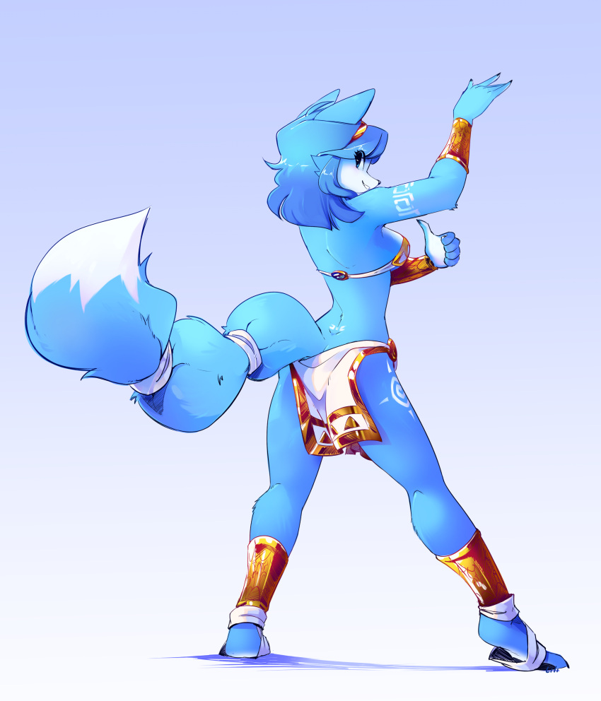 1girl absurdres animal_ears animal_nose arm_tattoo arm_up back bandeau blue_background blue_eyes blue_fur blue_hair blue_theme body_fur bracer breasts commentary elizzylilith english_commentary eyes_visible_through_hair foot_wraps fox_ears fox_girl fox_tail from_behind full_body furry furry_female gold_hairband gold_trim gradient_background grin hairband hand_up happy heel_up highres kneepits krystal leg_tattoo legs_apart looking_at_viewer looking_back medium_breasts shin_guards short_hair sidelocks simple_background smile snout solo standing star_fox star_fox_adventures tail tail_ornament tail_ring tattoo teeth thumbs_up two-tone_fur white_bandeau white_fur white_loincloth