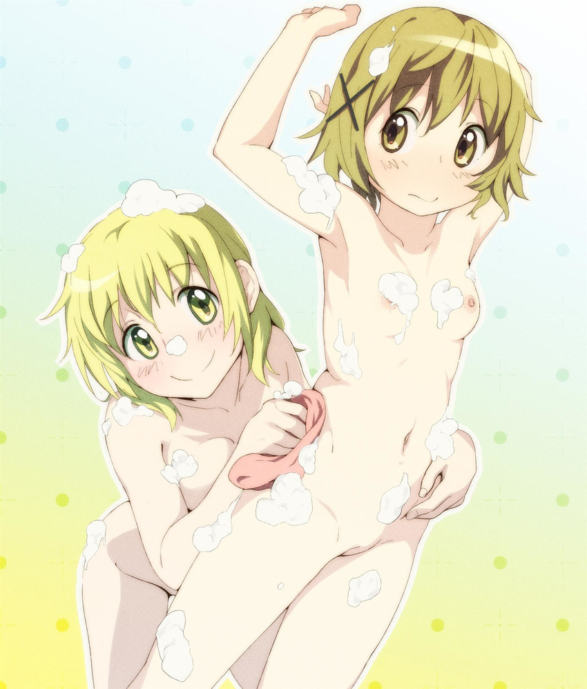 3: armpits arms_up bad_id bad_pixiv_id blonde_hair breasts brown_eyes brown_hair cloth hayyan hidamari_sketch highres miyako multiple_girls navel nipples nude pussy short_hair small_breasts smile soap_bubbles yellow_eyes yuno yuri