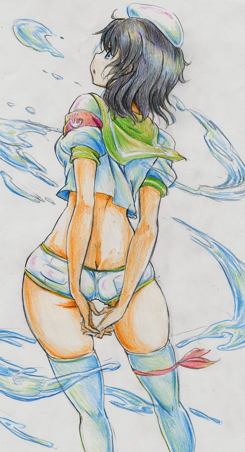 absurdres arms_behind_back ascot ass colored_pencil_(medium) contrapposto from_behind hat highres hips interlocked_fingers kitazinger legs midriff murasa_minamitsu ribbon sailor sailor_hat short_hair short_shorts shorts solo standing thigh_ribbon thighhighs thighs touhou traditional_media water