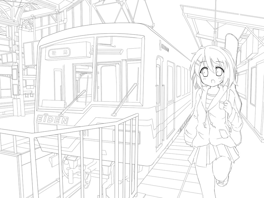 greyscale ground_vehicle guitar_case highres hirasawa_yui hood hoodie instrument_case k-on! karaage3 kyoto lineart monochrome open_mouth real_world_location running short_hair solo train train_station