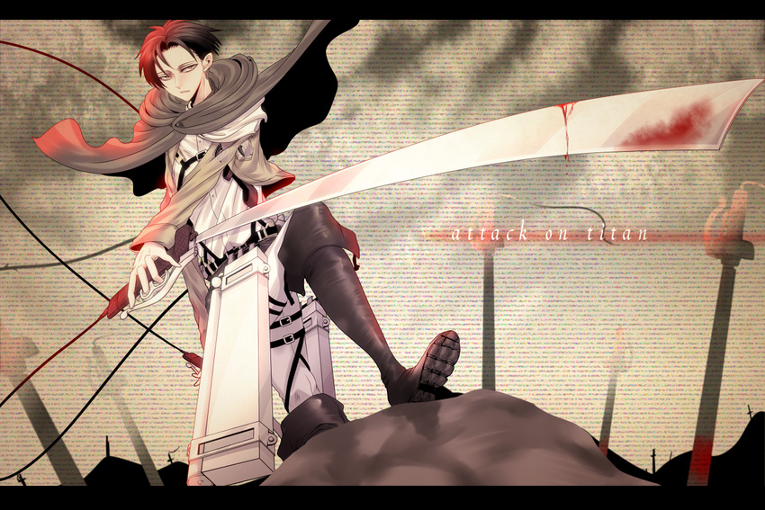 ascot bad_id bad_pixiv_id black_hair cape cherish-228 copyright_name dual_wielding emblem field_of_blades holding jacket levi_(shingeki_no_kyojin) male_focus paradis_military_uniform planted_sword planted_weapon shingeki_no_kyojin solo sword three-dimensional_maneuver_gear weapon wire