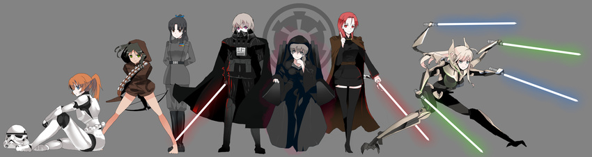 absurdres bad_id bad_pixiv_id bandolier black_hair blonde_hair blue_eyes boots bow_(weapon) brown_eyes brown_hair cape charlotte_e_yeager chewbacca cloak count_dooku crossbow crossover darth_vader eila_ilmatar_juutilainen energy_sword francesca_lucchini general_grievous green_eyes hair_ribbon hanna-justina_marseille hattori_shizuka helmet highres lightsaber long_hair long_image lynette_bishop minna-dietlinde_wilcke multiple_girls palpatine pink_hair ponytail purple_eyes red_eyes red_hair ribbon sitting star_wars stormtrooper strike_witches sword thighhighs uniform vader_(n.r.t.a.) weapon wide_image wilhuff_tarkin world_witches_series yellow_eyes
