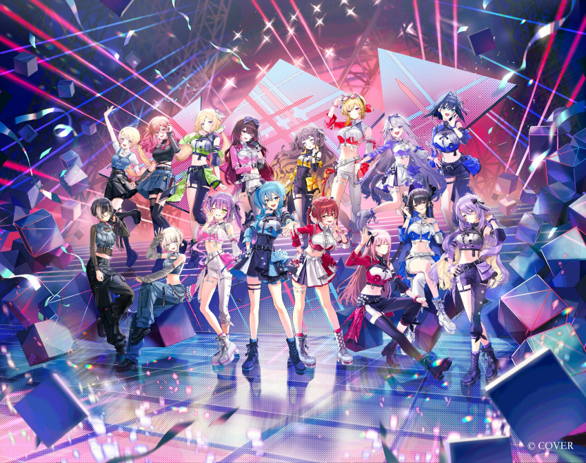 6+girls anya_melfissa asymmetrical_clothes asymmetrical_sleeves black_pants black_shirt black_skirt boots collared_shirt color-coded commentary_request concert cropped_shirt detached_sleeves full_body highres hololive hololive_dev_is hololive_idol_uniform_(color_rise) hololive_indonesia hoshimachi_suisei ichijou_ririka ichijou_ririka_(flashpoint) idol idol_clothes juufuutei_raden juufuutei_raden_(flashpoint) kaela_kovalskia koseki_bijou kurohal lace-up_boots long_hair looking_at_viewer midriff miniskirt mismatched_sleeves moona_hoshinova mori_calliope multicolored_shirt multiple_girls natsuiro_matsuri navel nerissa_ravencroft official_alternate_costume official_art ouro_kronii pants platform_boots puffy_detached_sleeves puffy_short_sleeves puffy_sleeves regloss_(hololive) roboco-san shirt short_hair short_sleeves single_detached_sleeve single_pantsleg single_sleeve single_thighhigh skirt standing thighhighs todoroki_hajime todoroki_hajime_(flashpoint) tokoyami_towa very_long_hair virtual_youtuber white_shirt white_skirt