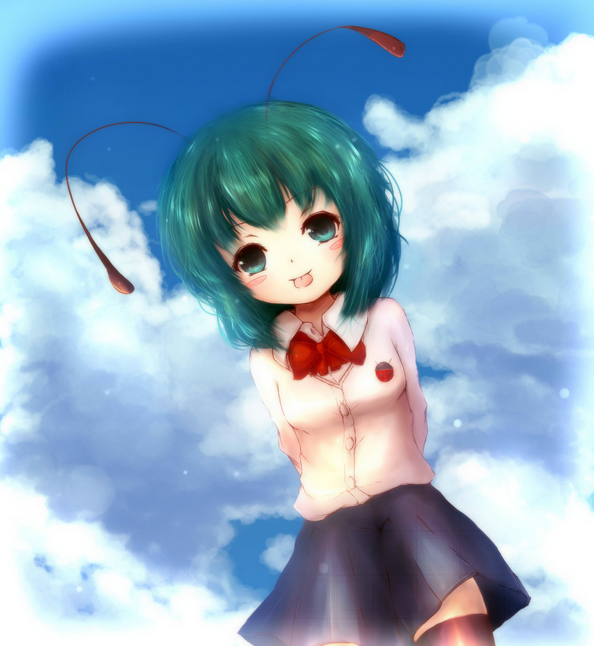 :p absurdres alternate_costume amanojaku antennae arms_behind_back bad_id bad_pixiv_id blue_sky blush_stickers bow bug cardigan cloud day dutch_angle green_eyes green_hair highres insect ladybug looking_at_viewer short_hair skirt sky solo thighhighs tongue tongue_out touhou wriggle_nightbug