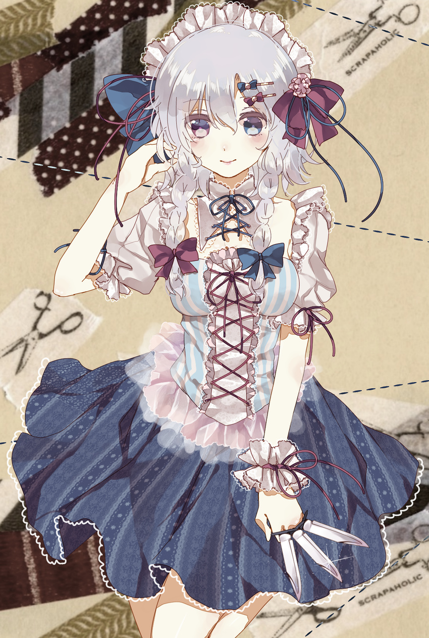 adapted_costume blue_eyes blue_skirt braid breasts choker cleavage crossed_legs dress frilled_dress frills ginzuki_ringo hair_between_eyes hair_ornament hair_ribbon hairclip hand_on_own_head highres izayoi_sakuya knife lace lace-trimmed_dress looking_at_viewer maid_headdress medium_breasts miniskirt puffy_short_sleeves puffy_sleeves ribbon short_hair short_sleeves silver_hair skirt skirt_set smile solo touhou tress_ribbon twin_braids
