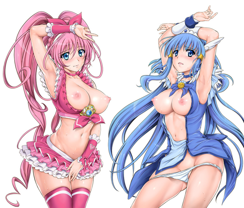 aoki_reika arm_up armpits arms_up blue_eyes blue_hair blush bow breasts choker cure_beauty cure_melody cyclone earrings frills hair_tubes head_wings heart houjou_hibiki jewelry large_breasts long_hair magical_girl multiple_girls navel nipples open_clothes panties panty_pull pink_bow pink_choker pink_hair precure skindentation skirt smile_precure! suite_precure sweat tears thighhighs tiara twintails underwear very_long_hair