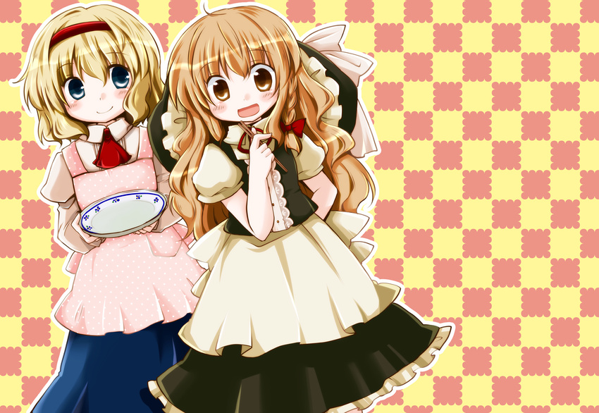 alice_margatroid apron ascot blonde_hair blue_eyes blush_stickers bow braid checkered checkered_background chopsticks dress futami_yayoi hair_bow hand_on_hip hat hat_removed hat_ribbon headband headwear_removed juliet_sleeves kirisame_marisa leaning long_hair long_sleeves looking_at_viewer multiple_girls open_mouth plate polka_dot polka_dot_apron puffy_sleeves ribbon short_hair short_sleeves single_braid skirt smile touhou vest waist_apron witch_hat yellow_eyes