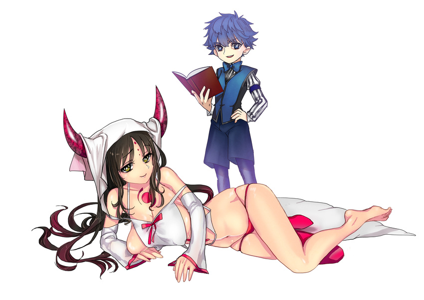 1girl barefoot bikini_bottom black_hair blue_eyes blue_hair book bow bowtie breasts brown_hair facial_mark fate/extra fate/extra_ccc fate_(series) forehead_mark furon_(froon) green_eyes hand_on_hip hans_christian_andersen_(fate) hat horns large_breasts lying navel on_side sesshouin_kiara sideboob spoilers vest